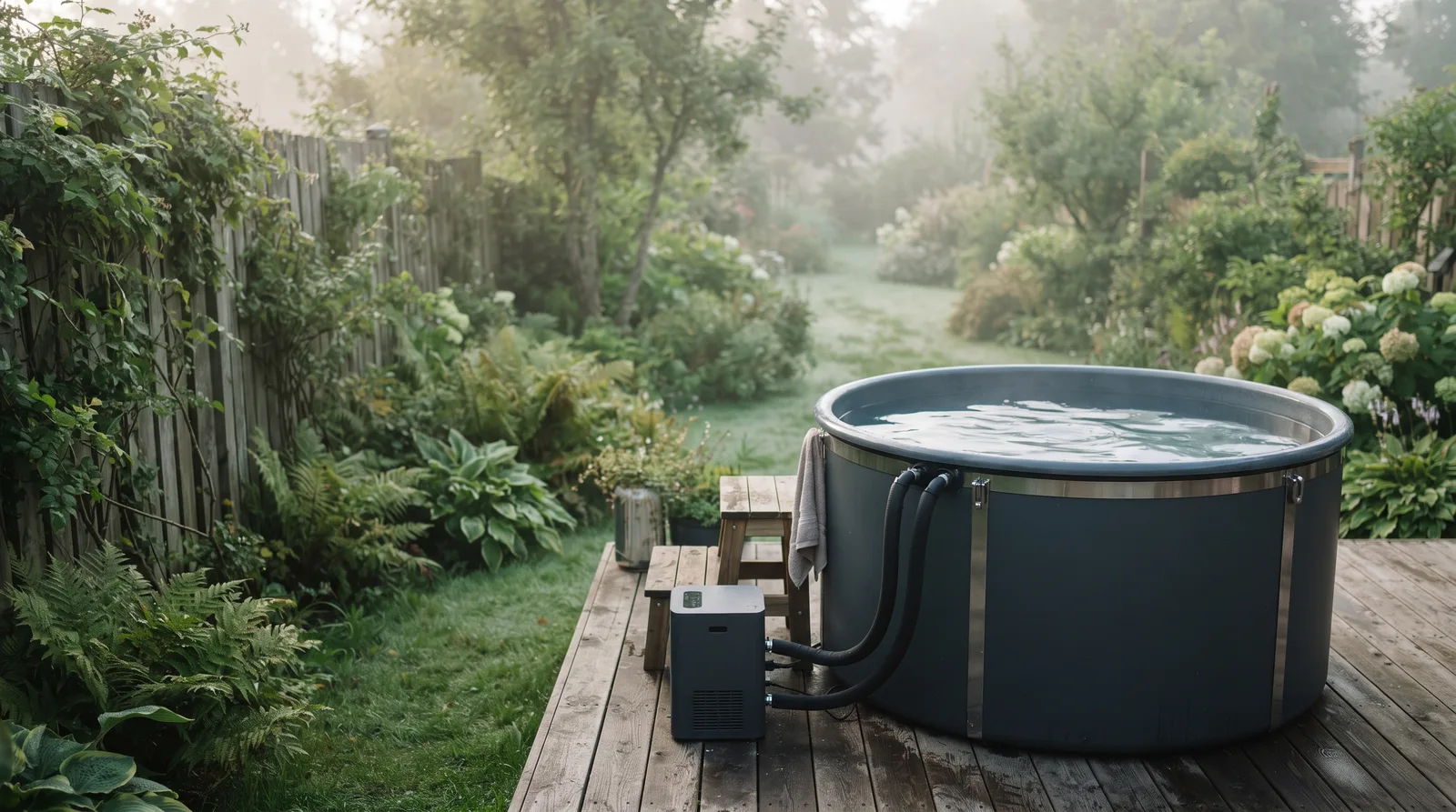 Isoliertes Tauchbecken im Garten mit angeschlossenem Chiller auf einer Holzterrasse im Morgennebel (Symbolbild)